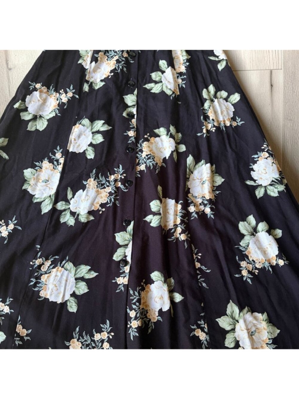 Vtg 90s Byer Black Floral Button Front A-line Midi Skirt Preppy Cottagecore XS/S - Picture 3 of 5